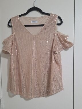 Cold-Shoulder Sequin V-Neck Top in Blush by DRESSTELLS